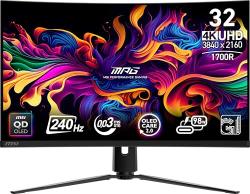 MSI MPG 321CURX QD-OLED 32-inch 3840 x 2160 (UHD) Computer Monitor, 240Hz, Adaptive-Synch, HDMI, DP Port, VESA Mountable, Tilt, Speaker, 0.03ms, Black