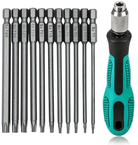 Fongmore Juego de 12 destornilladores Torx de cabeza de seguridad de 75 mm, vástago hexagonal de 1/4 pulgadas T6 T7 T8 T9 T10 T15 T20 T25 T27 T30 T40 con mango de broca antideslizante