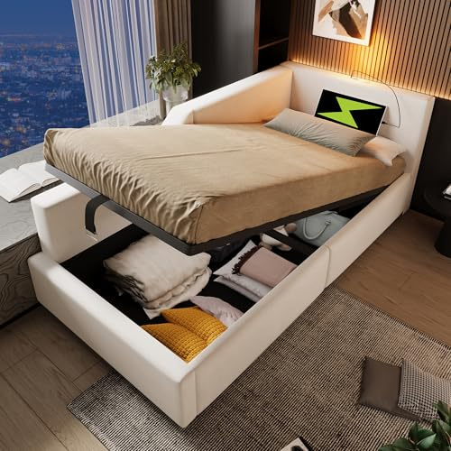 Oslghy Cama tapizada de 90x190 cm, Cama Individual Daybed con luz de Lectura y Carga USB-C Cabecero, Sofá Cama Juvenil con Almacenamiento Hidráulico, Marco con Listones de Madera, Sin colchón, Beige