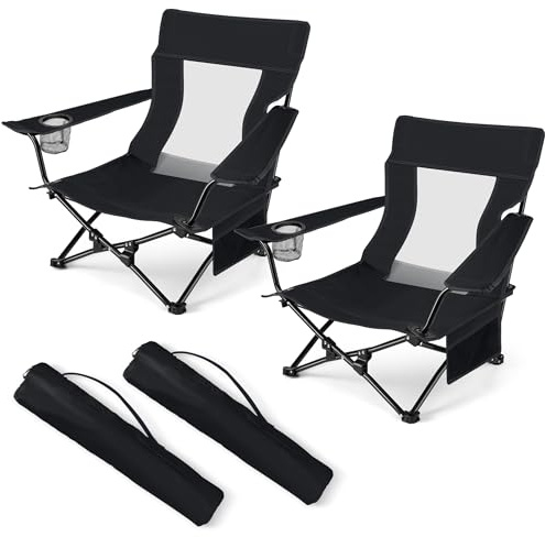 HaSteeL Folding Beach Chair Set of 2, Foldable Black Camping Chairs for Outside, Low Beach Chair Portable for Adults Fishing, Picnic, Outdoor BBQ, Travel, Sports, Cup Holder & Storage Bag