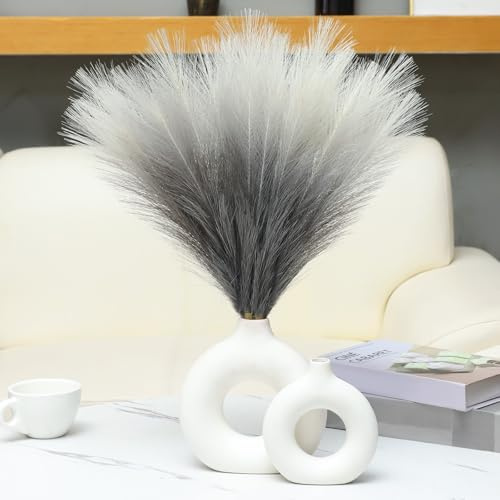 Ureymx Faux Pampas Grass Decor 17.7 Inch 6pcs, Pompas Grass Flower Arrangement and Vase Filler Artificial Pampas Grass Short Decor for Boho Home Wedding Decoration (Gradient Grey)