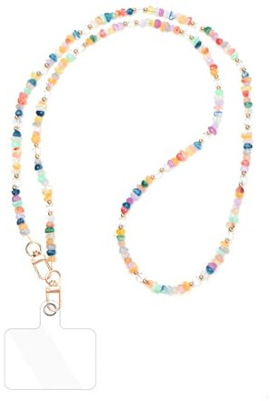 Reownest 1 Handykette Universal, Handy Umhängeband, Handy-Schnur mit 1 Patch, Anti-Verlust Draht Naturstein-Anhänger, Kompatibel mit Smartphones für Frauen und Mädchen -Bunt