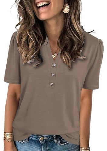 Famulily Womens Elegant Office Work Tops Smart Fitted Long Blouse Short Sleeve Shirts Coffee L