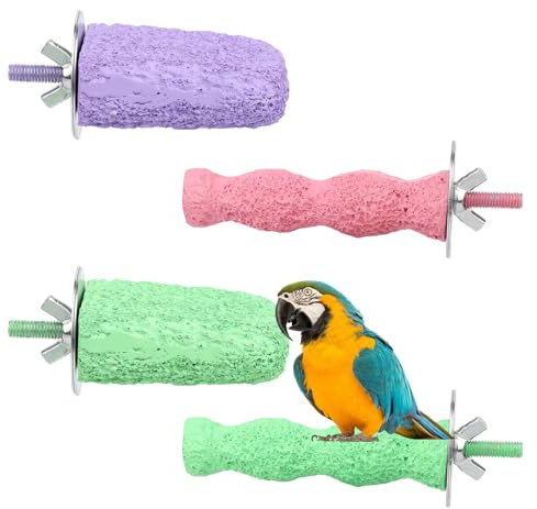 lasuroa 4pcs Bird Beak Grinding Stones, Anti-Slip Parrot Stand Bird Claw Trimmer for Parrots Budgies Parakeets Cockatiels Conures Lovebird, Cage Accessories (3 Colors)