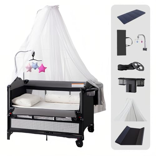Veitoalioy Culla Neonato Next to me, Convertibile Culla Co-sleeping Dotato di ruote mobili, Viene fornito con zanzariera di lusso, viaggio pieghevole multifunzionale (6602 Black)