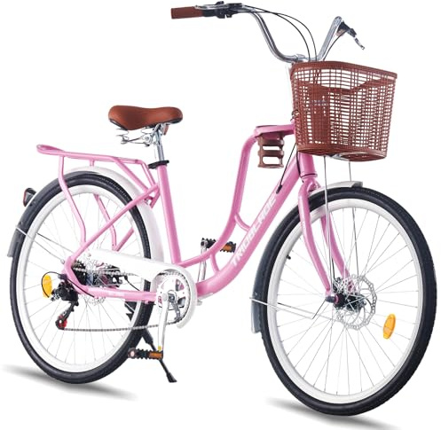 LSBIKE Ladies Bike with Basket 24/26in 7 Speed City Bicycle Women Girls Comfort Bike Lightweight Frame Hybrid Disc Brakes with Cupholder Steel Rear Rack Adjustable Handbar and Seat (Pink, 24inch)