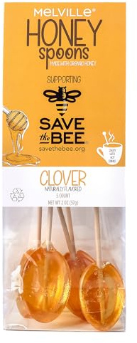 Melville Candy All Natural Honey Spoons & Lollipops on Wooden Ball Sticks – Gluten-Free, Made in USA Stirrers for Tea, Coffee, & Hot Beverages - Individually Wrapped (Save The Bee Clover)