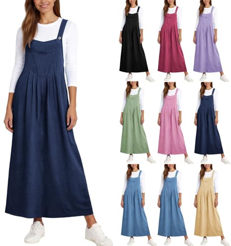 Zeiayuas Women's Pinafore Vintage Classic Suspender Maxi Skirts Adjustable Strap A Line Pleated Long Overall Dungarees Dress with Pockets Ladies Baggy Jumpsuits