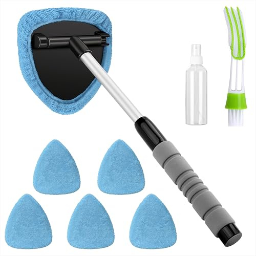 Qzakce Cepillo Limpiador Parabrisas Ventanas de Coche con Mango Extensible Kit Limpieza Coche Extensible Incluye 6 Almohadillas de Microfibra,1 Botella y 1 Cepillar Azul Claro