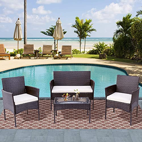 Drmilito Conjunto Jardin Exterior Muebles Terraza Exterio de Ratán Marrón | 4 Piezas Set ,2 Sillones,1 Sofá de Doble Asiento y 1 Mesa para 4 Personas para Patio Terraza Exterior