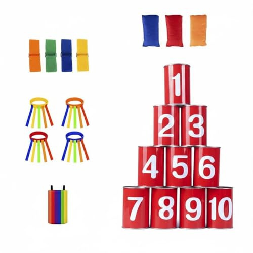 Fxzqgnh Juego de Lanzar Bolsitas a Latas Mejora la Puntería Juguete Infantil Fomenta el Trabajo en Equipo para Niños, Reuniones Familiares, Fiestas, Jardín, Juego De Rayas Arcoíris con Números Rojos