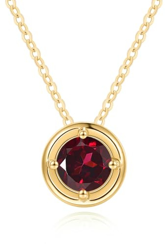 Carleen Collar con colgante redondo de oro macizo de 14 quilates, piedra natal natural, joyería de regalo para mujeres y niñas, longitud de la cadena: 40,6 cm + 5 cm, Oro, Granate