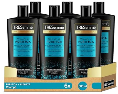 TRESemmé Hyaluronsyra och renande schampo för oljigt hår med hyaluronsyra och vit lera, ren och återfuktande, förpackning med 6 x 685 ml