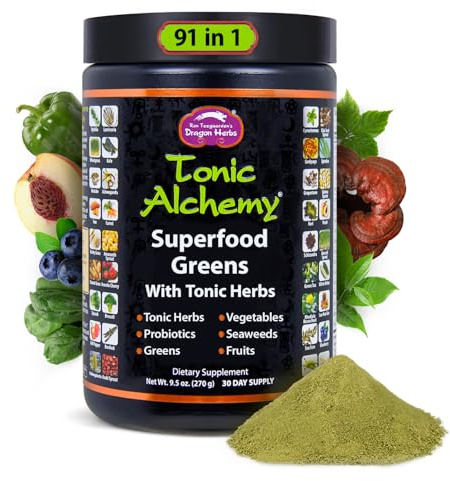 Dragon Herbs Tonic Alchemy Superfood Greens Powder with 91 Ingredients: Tonic Herbs, Ashwagandha, Mushrooms, Probiotics, Super Greens, Seaweeds, Fruits, Vegetables, Spirulina - 30 Servings