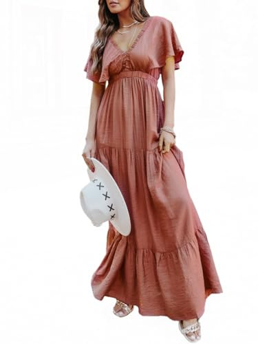 Amegoya Women's Summer Maternity Short Sleeve Maxi Dress Boho V Neck Maternity Photoshoot Long Dress (XL Red)