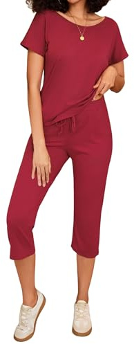 Totatuit Completo da Tuta da Donna Completo Sportivo Estivo da Donna Completo da Tuta in 2 Pezzi T-shirt a Maniche Corte e Pantaloni a 3/4 Vino Rosso S