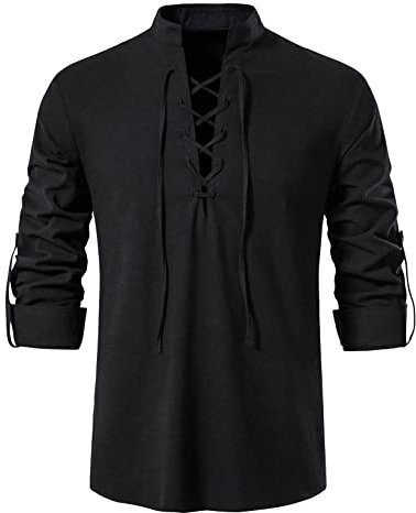 LucMatton Herren-Hemden aus 100% Baumwolle, Retro-Stil, Schnürung, langärmelig, für Mittelalter, Wikinger, Hippie, schwarz, S
