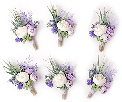 Ansofi Set of 6 Purple Boutonniere for Best Men Groom Groomsmen White Buttonholes for Wedding Party Prom Decoration