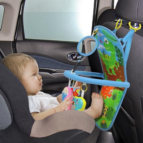 OKOOKO Car Seat Toy, Rear Facing Car Seat Toy, Car Seat Activity Toy, Car Travel Activity Center, Travel Easier Toy, Adjustable with Soft Mirror Squeaker Ringing Bell