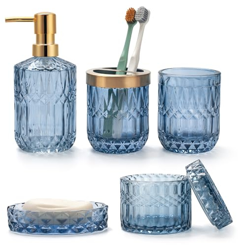 Juego de 5 Accesorios de Baño de Cristal Azul Dispensador de Loción, Jabonera, Soporte para Cepillo de Dientes, Vaso, Tarros de Hisopo de Algodón, Decoración Moderna de Baño, Regalo Vintage