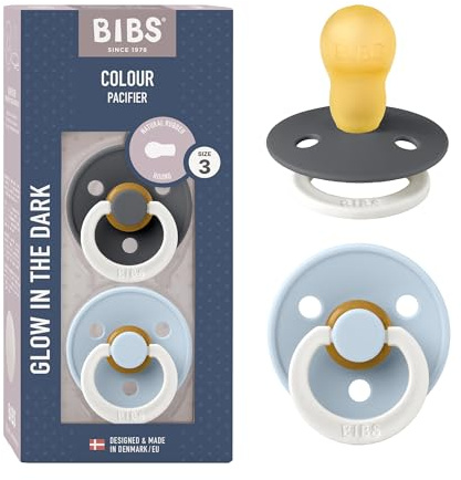 BIBS Colour Night Glow in the Dark Soother 2-Pack, BPA Free Dummy Pacifier, Made in Denmark, Size 3 (18+ Months), Iron Glow/Baby Blue Glow