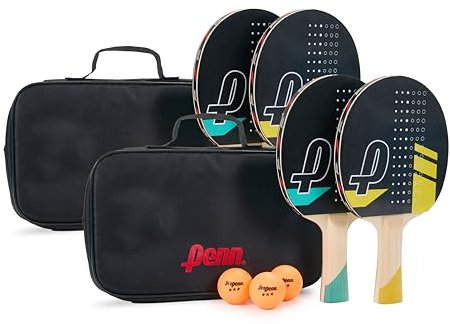 Penn 4-Player Ping Pong Paddle Set - 4 5.0 Paddles, 6 3-Star Balls, 2 Storage Pouches - Pro-Grade Rubber for Spin & Power on Table Tennis Rackets - Ergo Handle for Grip Comfort in Ping Pong Play