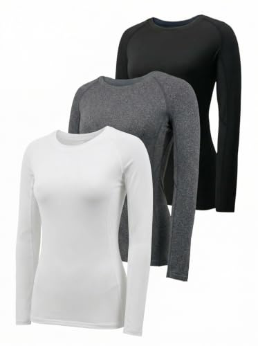 YUSHOW 3-pack dam kompressionströja långärmad funktionell skjorta sportskjorta fitness skjorta löpskjorta andas jogging gym löpning