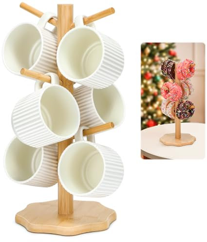 Euqvunn Albero Porta Tazze con 6 Ganci, Porta Tazzine da Caffè Porta Tazze Con Struttura Ad Albero Supporto Tazze legno per Cucina Ristorante Bar,Albero Porta Tazze(colore del legno)