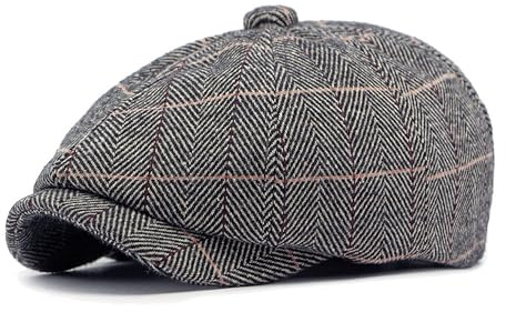besbomig Gorra Boina Plana de Tweed para Hombre, 8 Paneles Gorro de Panadero Gorra Newsboy, Boinas Flat Cap Ajustable Sombrero Gatsby, Primavera Otoño Invierno, 56-59 CM, Gris
