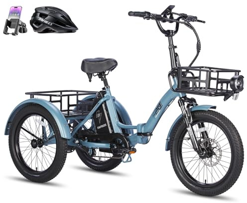 Fafrees F20 Mate E Bike Tricycle, 20 * 3.0 Inch Folding Electric Tricycle for Adults, 48V/18.2Ah Removable Battery, Rear Rack, Electric Cargo Trike or Senior, 25KM/H, Range 55KM-110KM (Blue)