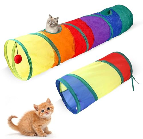 Katzentunnel, 2 Stück Faltbarer Katzen Kaninchen Tunnel 2-Wege Hundetunnel mit Löchern Bunt Kaninchentunnel Spieltunnel Katze für Innen und Außenbereich (2 Größen)