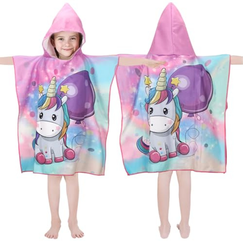 Poncho de baño para niños con capucha, toalla de microfibra con unicornio, toalla de baño absorbente para niñas, piscina, toalla de playa para niñas y niños pequeños (altura del niño: 85 – 110 cm)