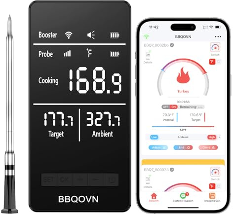Smart WiFi Wireless Meat Thermometer Unlimited Range 7 NIST Cert.Sensors Accuracy ±0.5°F Sub-1G (10X Stronger Than Bluetooth) APP&Digital Base,Monitor for BBQ, Grill,Oven, Smoker(1, Black, Small)
