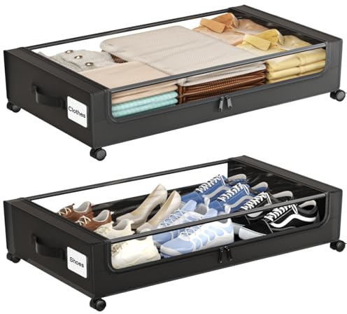 GoFujuco Under Bed Storage with Wheels,XXL 60L Under Bed Storage Containers with Clear Lids, Rolling Under Bed Metal Drawer for Clothes, Shoes,Toys (Black, 2 Pack)