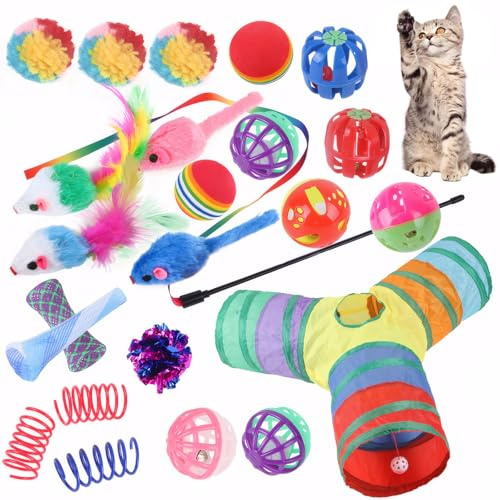 Naturezhen Juguetes para Gatos, Kitten Toys Indoor con Túnel Plegable | Caña con Plumas, Campanas, Pelotas Esponjosas, Resortes y Ratón, Juegos Interactivos para Gatitos (24)