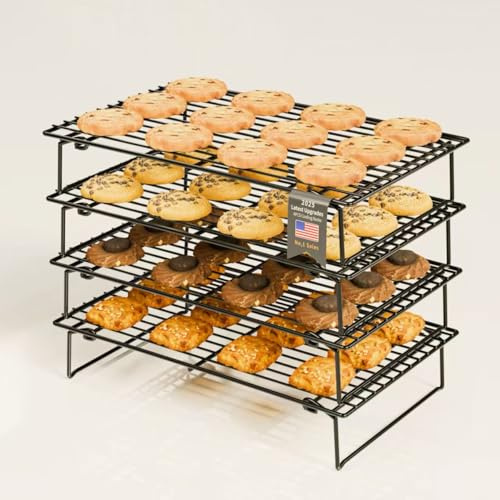 4PCS Cooling Racks for Cooking and Baking, Collapsible 4 Tiers 10X16 Cool Batches of Cookies, Non-Stick & BPA-Free, Oven and Dishwasher Safe (Black-202)