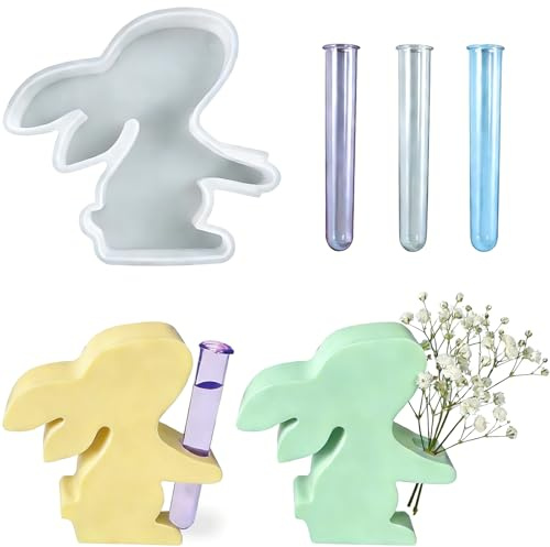 ZYLOUY Gießform Vase Mit 3 Teströhren, Ostern Deko, Kreative Silikonformen Gießformen Ostern, Silikonform Hase, Ideal für DIY Hydroponik Vase und persönliche Geschenke