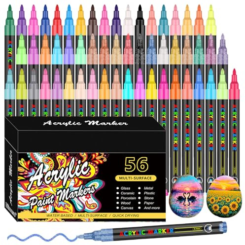 56 Colours Acrylic Paint Pens Set-0.7mm Extra Fine Tip Paint Markers for Rocks Painting Stone Ceramic Glass Wood Metal