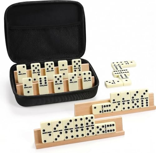 Geltais Double 6 Dominos Set for Adults, 28 Tiles Dominos with 4 Wooden Racks, Classic Board Games with Portable Case for Family Game Nights & Travel