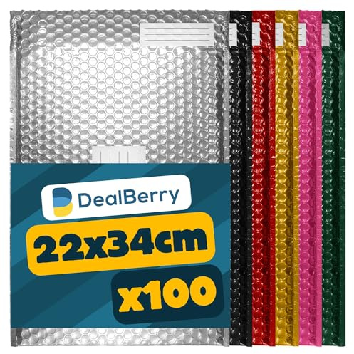 100 Pack Padded Envelopes | Packaging Poly Bags | Shipping Mailer | Metallic Shipping Envelopes | Address & Return Box | Assorted Colours | Size F | 240x340mm