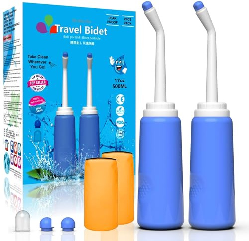 2 Pack Portable Bidet Sprayer Peri Bottle, Number-one Travel Bidet Bottle 500ml 17oz Personal Hygiene Care Toilet Bidet Shower with 2 Nozzles, Dust Cap and Storage Bag for PostPartum Care and Recovery
