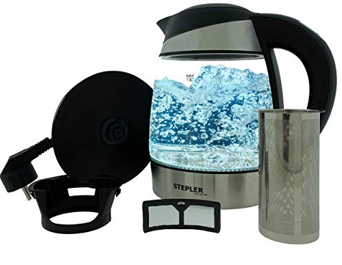 STEPLER LED-Glas-Wasserkocher 1,8 Liter (WKLG001) | Teekocher | Kalkfilter | Edelstahl | Borosilikatglas | Verschiedenfarbige LED-Beleuchtung - je nach Temperatur 60°C - 100°C | Warmhaltefunktion