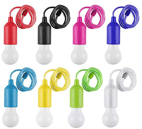 BomKra 8 Pack LED Pull Cord Light Bulb, Colorful LED Bulb Light Hanging Pull Cord Lamp Battery Operated, Portable Night Light for Party, Weddings, Festivals Lighting, Camping, Child Room Decoration