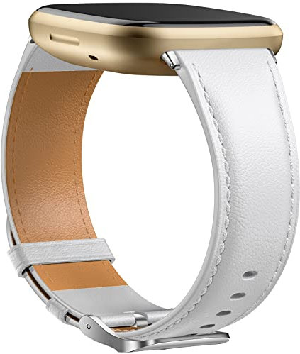 Dirrelo Echtes Leder Armband Kompatibel mit Fitbit Versa 3/Sense/Sense 2 für Damen Herren, Lederband Ersatzband, Weiß