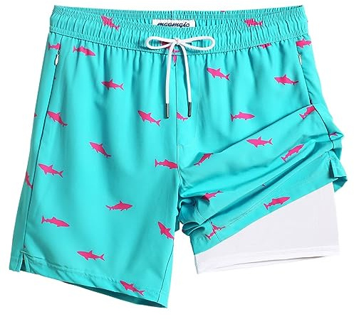 maamgic Uomo Costume da Bagno Corto 2-in-1 Compressione Pantaloncini da Surf 7 Pollici Interni Asciugatura Rapida Shorts con Tasche Azzurro Rosa Squalo 7 M