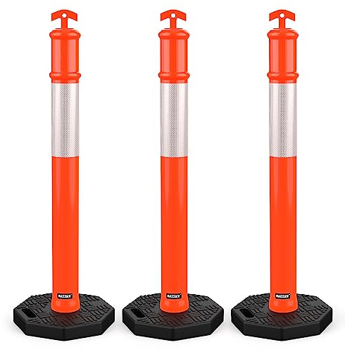 BATTIFE 45 Delineator Post with Base, Traffic Delineator Cones with Reflective Collar for Driving Practice, Construction Work (3, Orange, 45 inch)