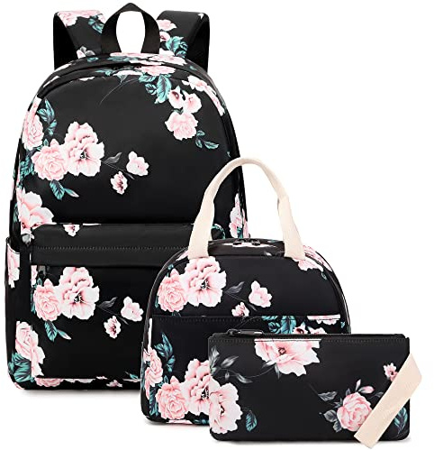 Kouxunt Floral Girls School Backpacks for Kids Teens, 3-in-1 School Bag Bookbags Set with Lunch Bag Pencil Case