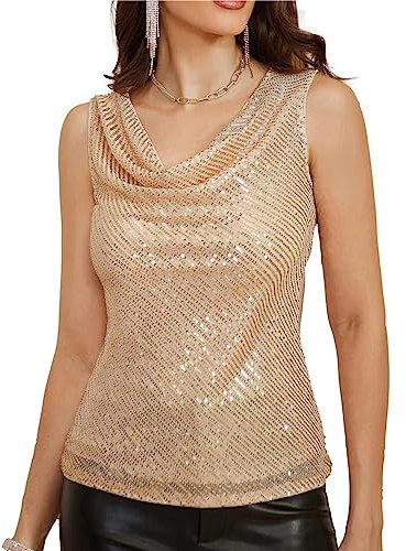 GRACE KARIN Ladies Sparkle Shimmer Elegant Tunika-Oberteil Einfarbiges Ärmelloses Wasserfall Ausschnitt Club Sequin Tank Top Roségold L