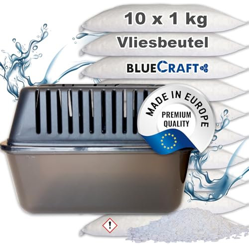 Bluecraft - Raumentfeuchter Box Feuchtigkeitskiller + 10x 1 kg Luft-Entfeuchter Granulat im Vliesbeutel Nachfüllpackung ohne Strom (10x 1kg + Box)