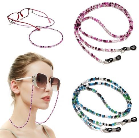 MEGAVOW 2 Pièces Cordon Lunettes Femme, Élégant Chaine Perle-Chaîne Sangle Anti-Dérapant